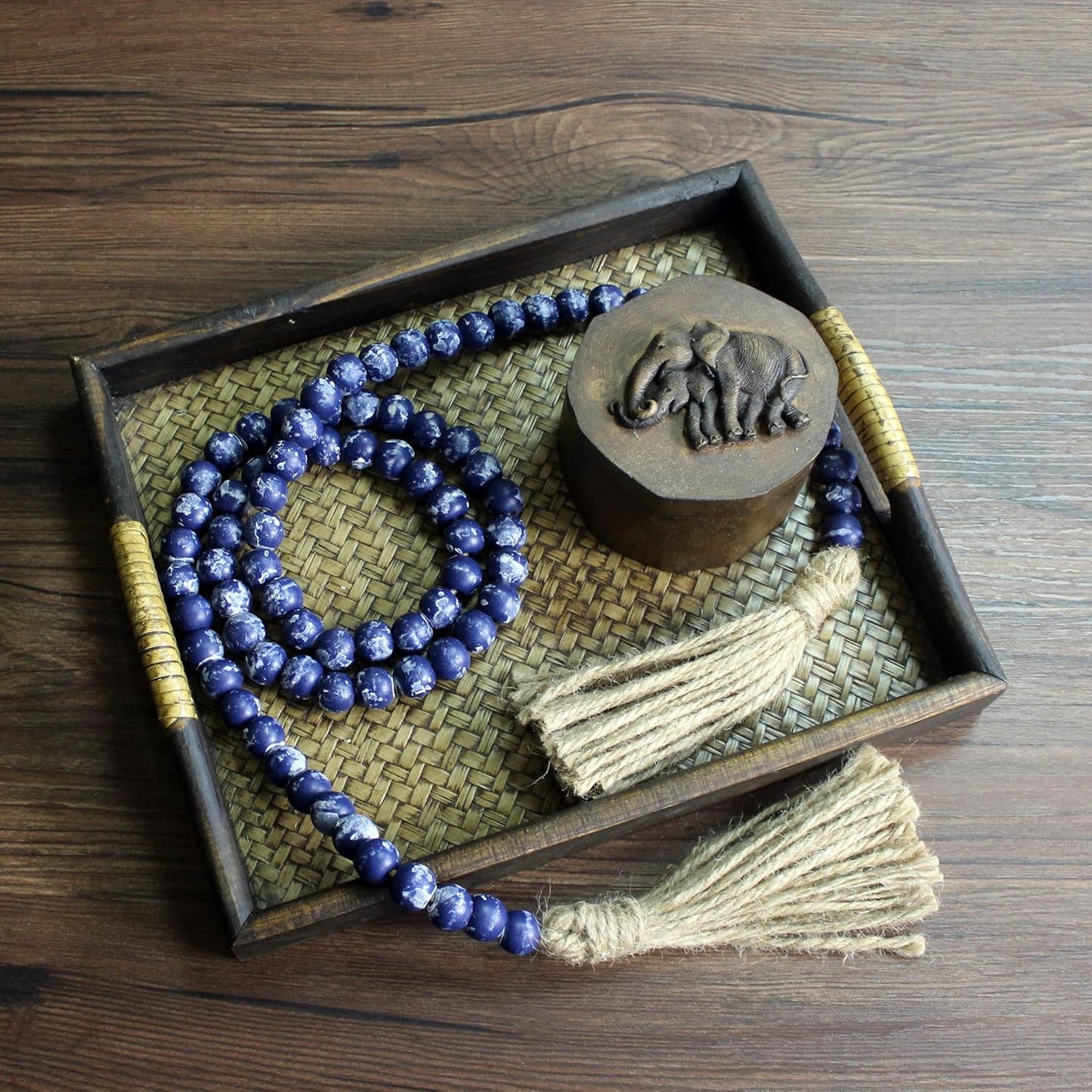 CVHOMEDECO. Wood Beads Garland with Tassels Farmhouse Rustic Wooden Prayer Bead String Wall Hanging Accent for Home Festival Decor. Mix Distressed