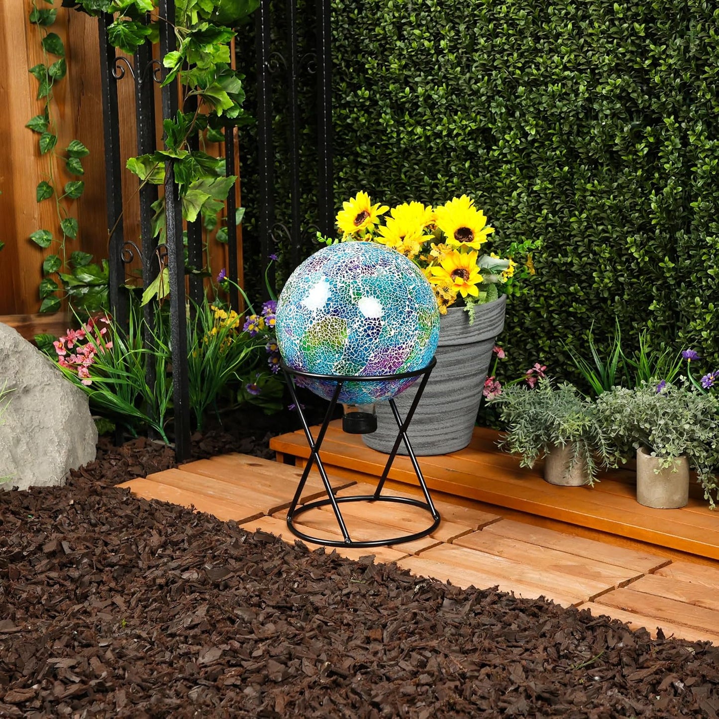Alpine Corporation 10" Diameter Indoor/Outdoor Glass Mosaic Gazing Globe Yard Decoration, Purple Pearlized Petals Design