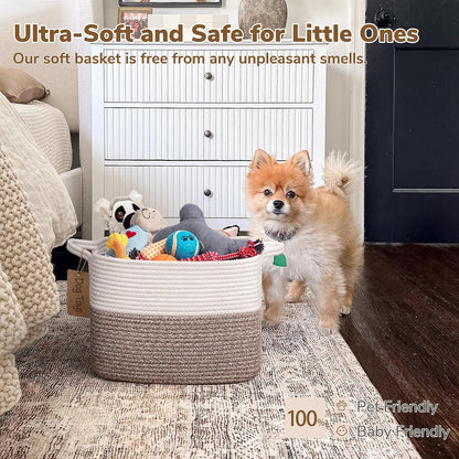 Goodpick Woven Storage Basket, Cotton Rope Basket for Dog Toys, Books, Stylish Gift Basket with Handles, 13 x 10 x 9 Inches Square Baskets for Organizing, Brown and White