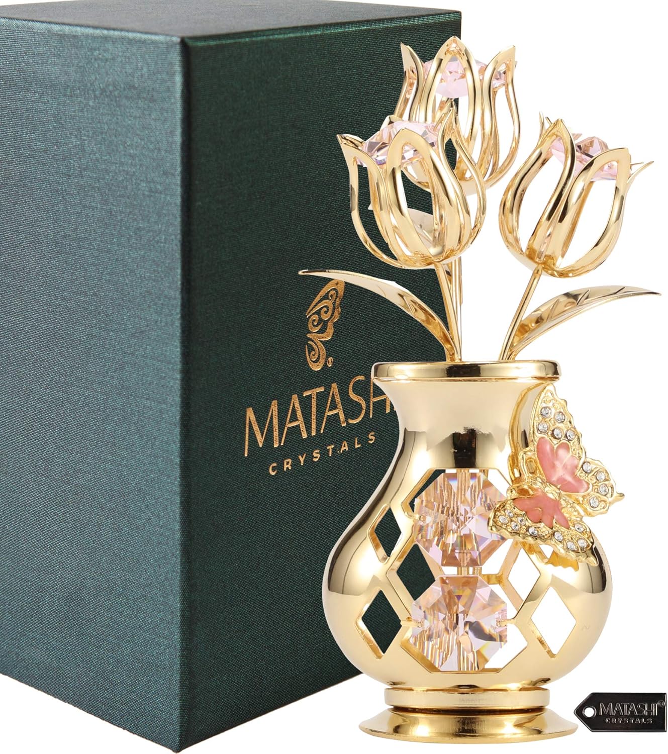 Matashi 24K Gold Plated Crystal Flower Figurine with Clear Crystals & Butterfly – Luxury Decorative Tulip Statue, Elegant Tabletop Home Décor, for Mother's Day, Valentine's Day, Christmas