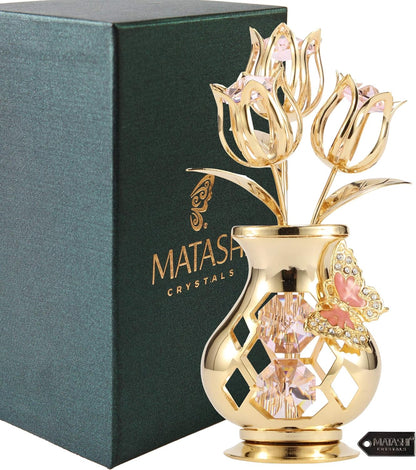 Matashi 24K Gold Plated Crystal Flower Figurine with Clear Crystals & Butterfly – Luxury Decorative Tulip Statue, Elegant Tabletop Home Décor, for Mother's Day, Valentine's Day, Christmas