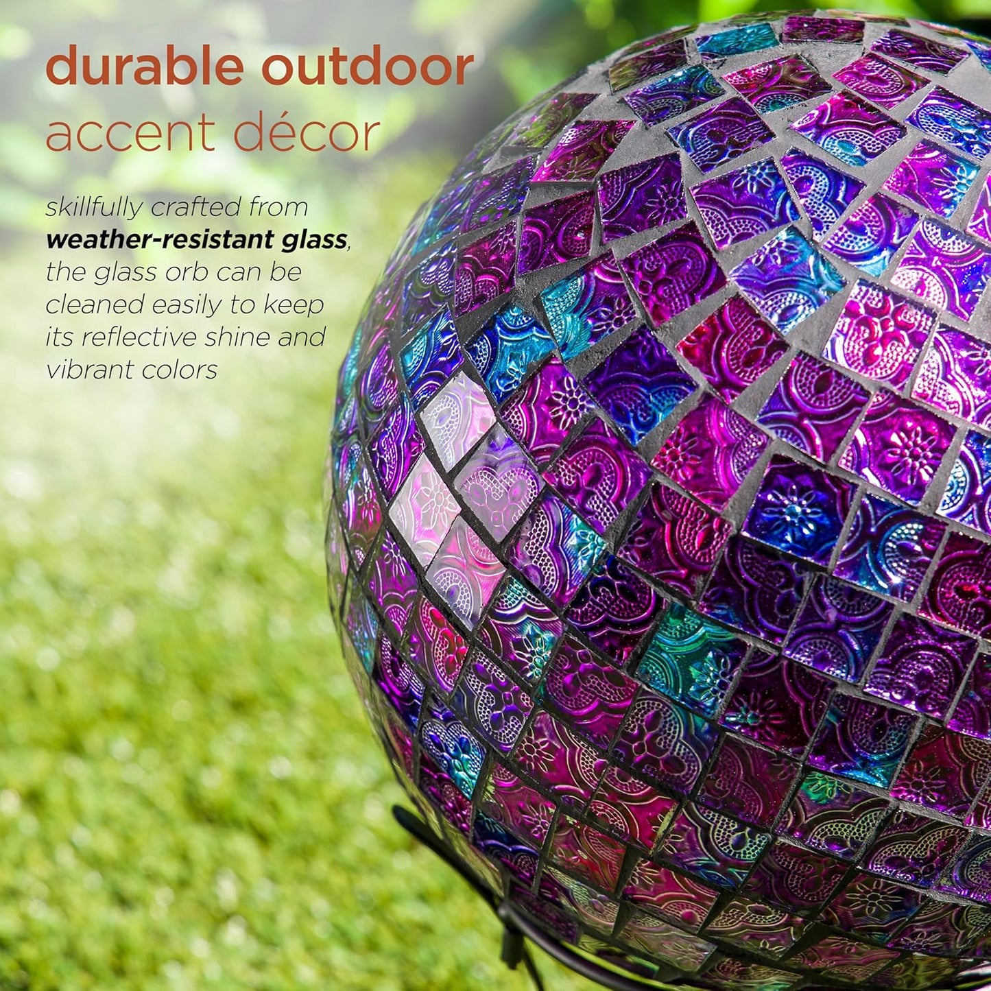 Alpine Corporation 10" Diameter Indoor/Outdoor Glass Mosaic Gazing Globe Yard Decoration, Purple Pearlized Petals Design