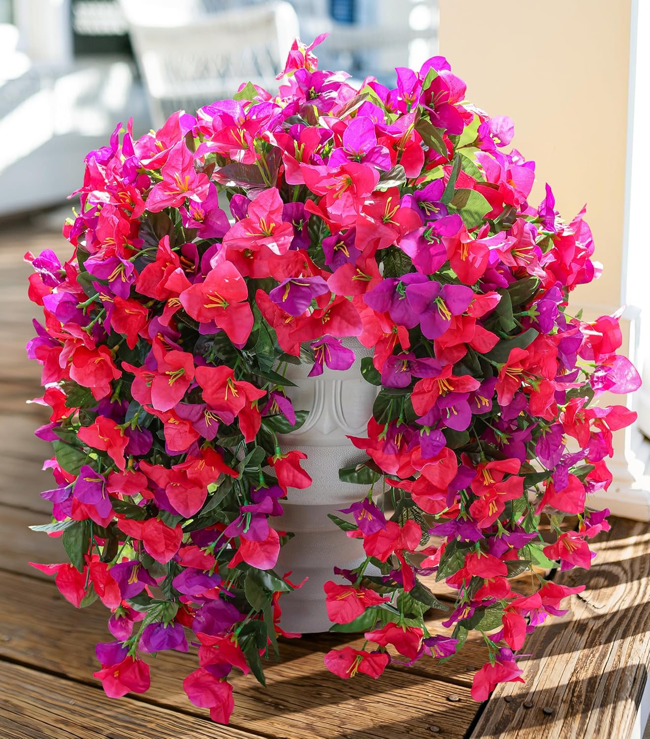 Faux Bougainvillea Artificial Flowers Plants for Outdoor Outside Decoration, 2 PCS Red Fake Flowers UV Resistant Look Real Silk Long Trailing Vines for Front Door Porch Planter Urn Patio Garden Yard