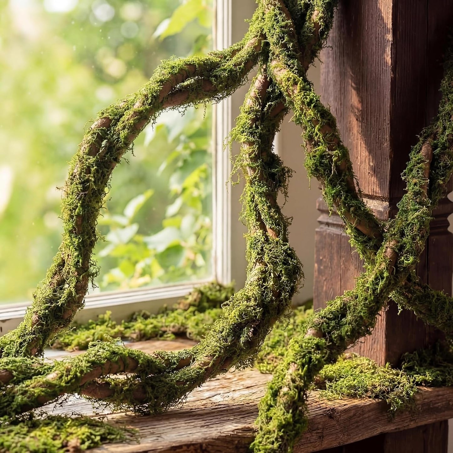 Janinka 4 Pcs 118in Large Bendable Artificial Tree Branches with Moss Enchanted Forest Decorations DIY Jungle Climber Vines Fake Moss Jungle Party Decor for Garden Landscape Reptile Habitat Decor
