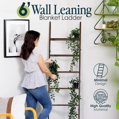 Blanket Ladder for Living Room and Bedroom, 5ft 8 inch, 6-Tier Wall Leaning Laminate Snag Free Construction (White) Rustic Decorative Farmhouse Blanket Storage, Quilt Rack, Ladder Shelf, Easy Assembly
