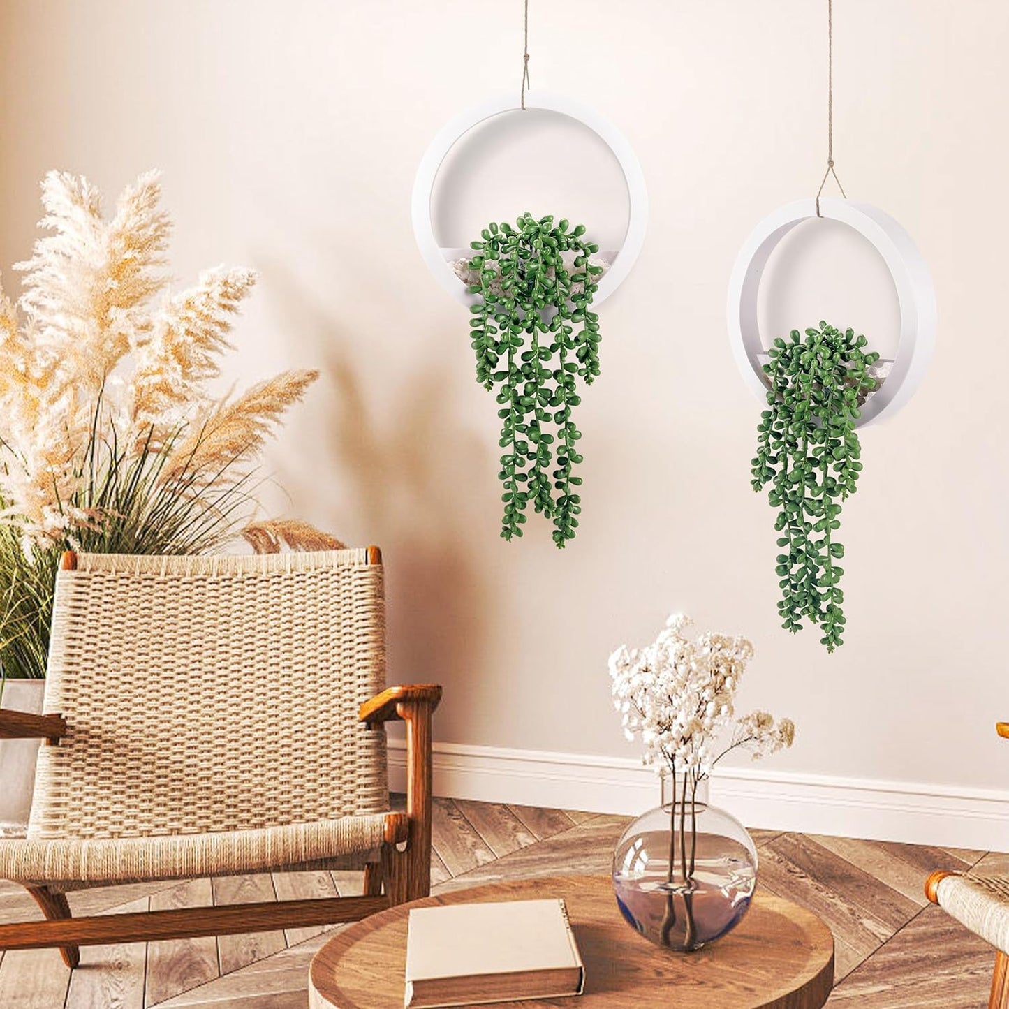 Der Rose 2 Pack Fake Plants Hanging Artificial Succulents Plants in Black Pots for Living Room Bathroom Accessories Boho Farmhouse Wall Decor