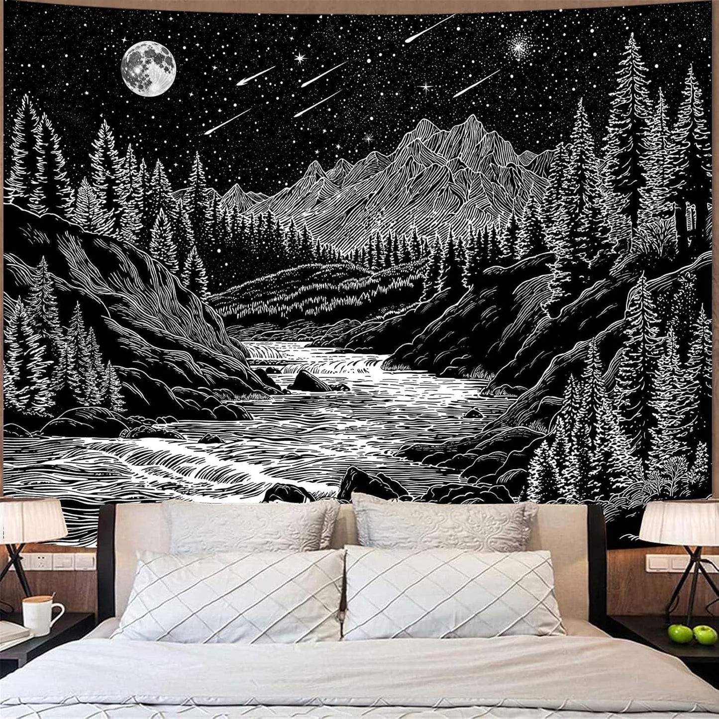 Zussun Black and White Tapestry Starry Night Mountain Tapestries for Bedroom Aesthetic Moon and Stars Tapastry's Wall Hanging Dark Nature Forest Wall Tapestry for Living Room Dorm (48'' × 36'')