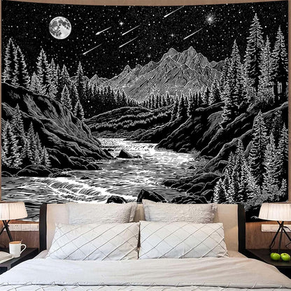 Zussun Black and White Tapestry Starry Night Mountain Tapestries for Bedroom Aesthetic Moon and Stars Tapastry's Wall Hanging Dark Nature Forest Wall Tapestry for Living Room Dorm (48'' × 36'')