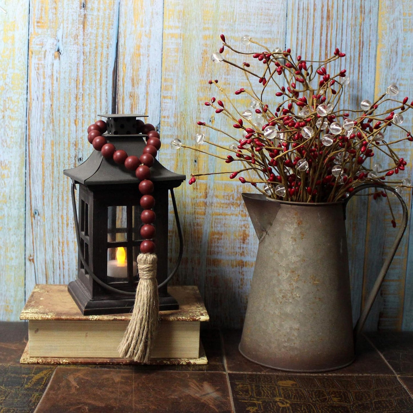 CVHOMEDECO. Wood Beads Garland with Tassels 3 PCS Farmhouse Rustic Wooden Prayer Bead String Wall Hanging Accent for Home Festival Decor. Natural