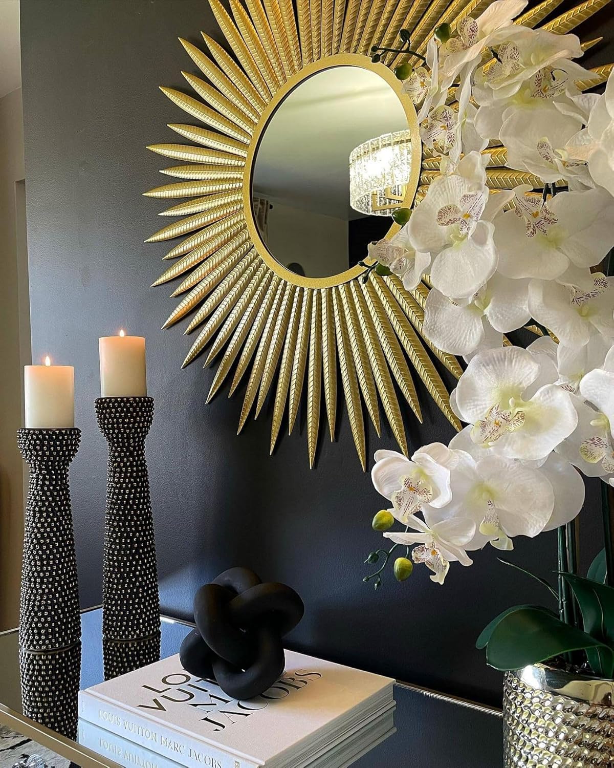 homary Sunburst Wall Mirror, 33.7" Gold Accent Mirror with Embossed Metal Frame for Living Room, Entryway, or Bedroom Decor (1, Style-A)