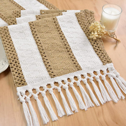 FEXIA Boho Table Runner for Thanksgiving Fall Christmas Home Decor with Tassels 72 Inches Long Pottery barn Furniture Farmhouse Rustic Macrame Burlap Table Decoration for Living Room (12x72 Inches)