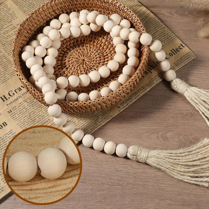34in Farmhouse Wood Beads Garland with Tassels, Decorative Bead Home Decor Wooden Beads Garland Country Room Hanging for Wood Entryway Table, Shelf, Tray, Curtain Decor (Beige)
