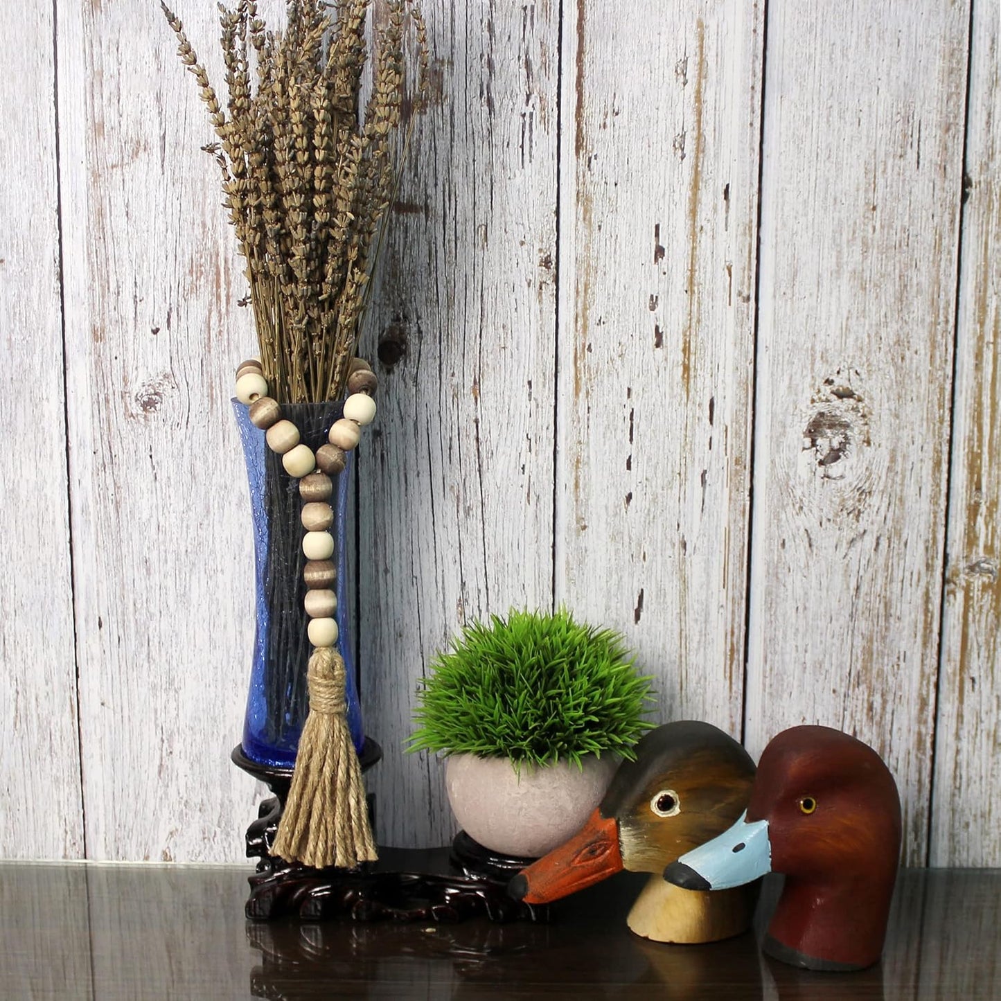 CVHOMEDECO. Wood Beads Garland with Tassels 3 PCS Farmhouse Rustic Wooden Prayer Bead String Wall Hanging Accent for Home Festival Decor. Natural