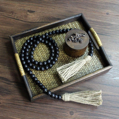 CVHOMEDECO. Wood Beads Garland with Tassels Farmhouse Rustic Wooden Prayer Bead String Wall Hanging Accent for Home Festival Decor. Mix Distressed