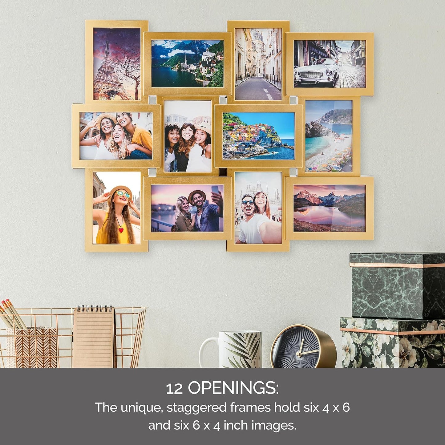 MELANNCO Collage Picture Frame for Wall, Holds 12 Photos - Six 4x6 and Six 6x4 Images, 18x23 Inch Black Plastic Frame, Hang Horizontal or Vertical, Gallery Wall Decor