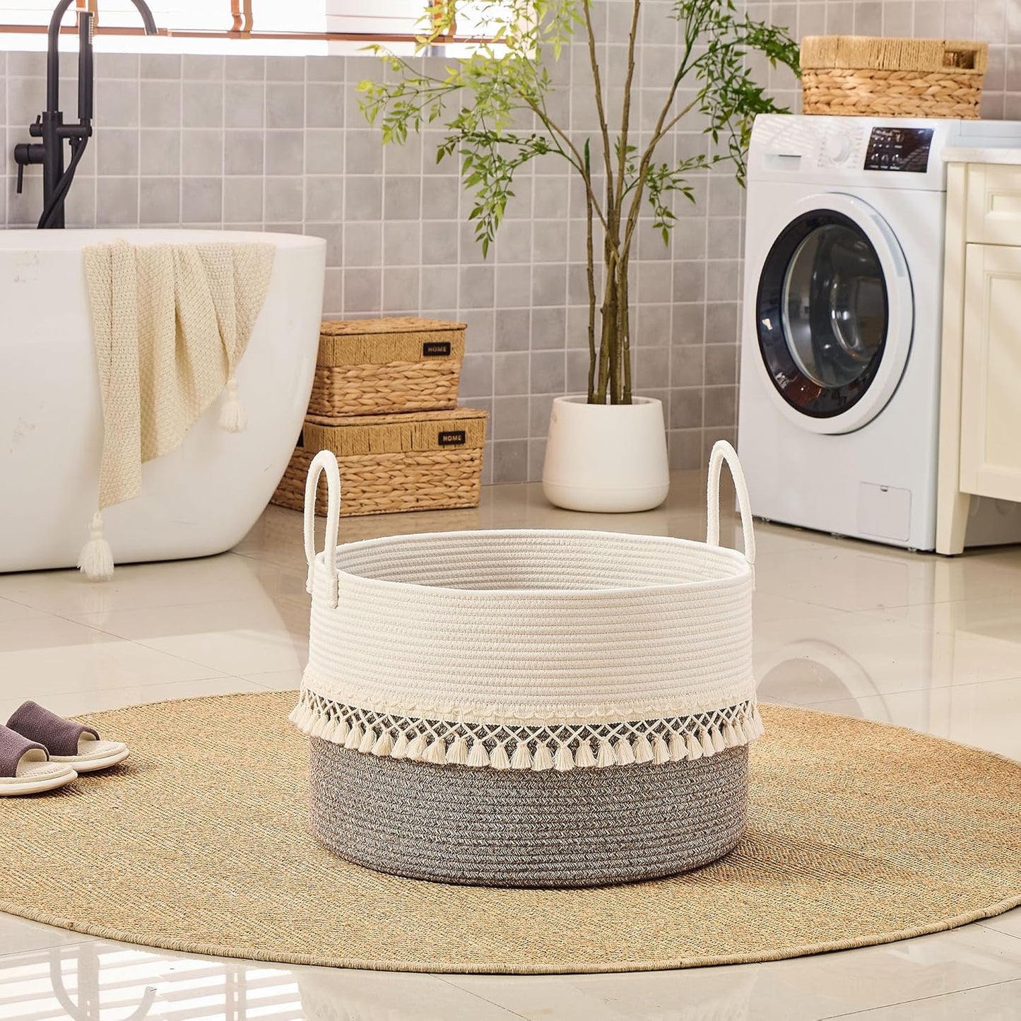 KAKAMAY Large Blanket Basket (20"x13"),Woven Baskets for storage Baby Laundry Hamper, Cotton Rope Blanket Basket for Living Room, Laundry, Nursery, Pillows, Baby Toy chest (White/Brown)