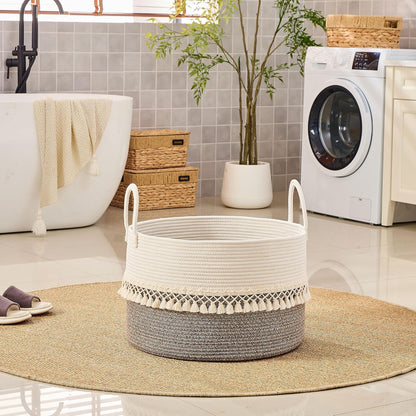 KAKAMAY Large Blanket Basket (20"x13"),Woven Baskets for storage Baby Laundry Hamper, Cotton Rope Blanket Basket for Living Room, Laundry, Nursery, Pillows, Baby Toy chest (White/Brown)