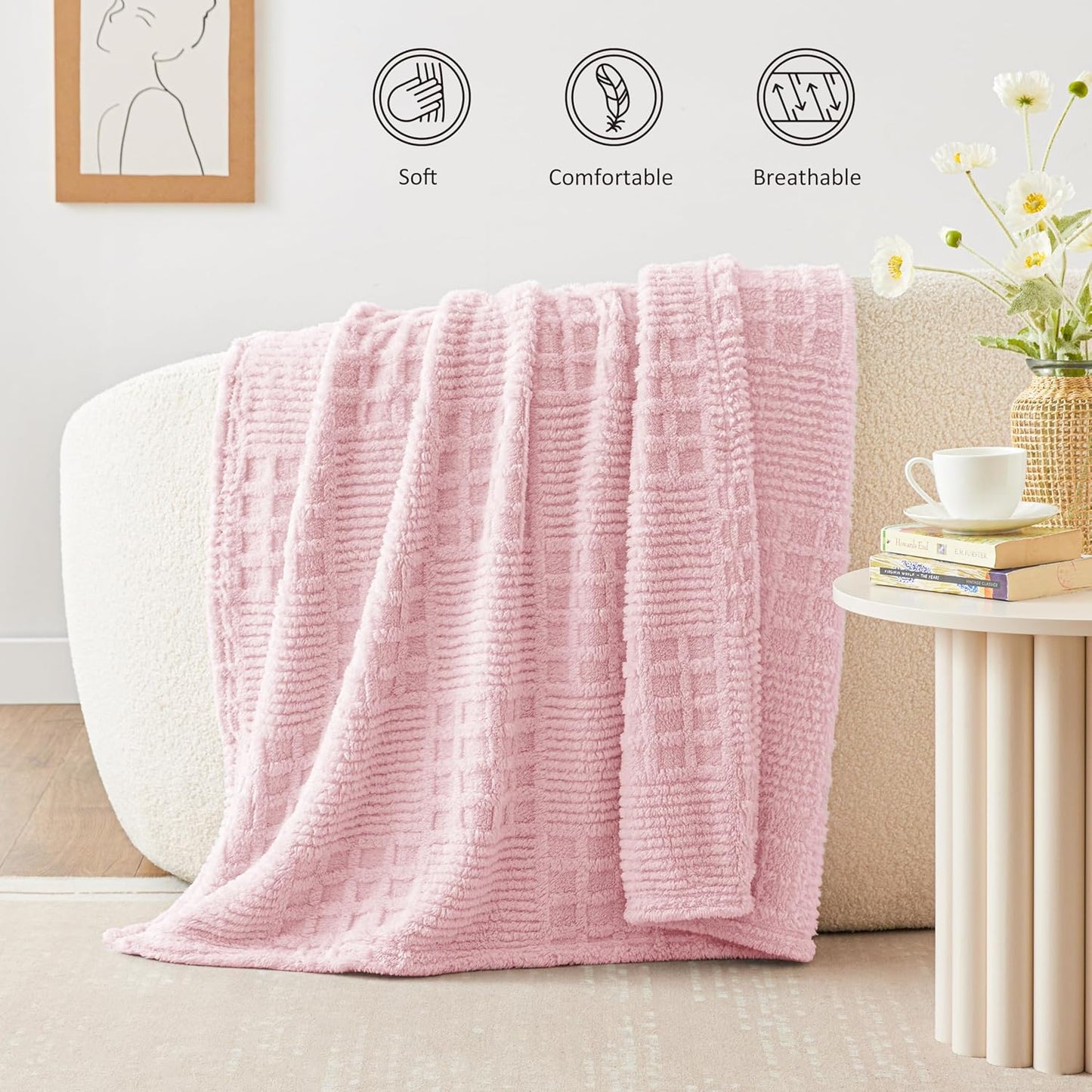 EXQ Home Fleece Throw Blanket for Couch or Bed - 3D Imitation Turtle Shell Jacquard Decorative Blankets - Cozy Soft Lightweight Fuzzy Flannel Blanket Suitable for All Seasons(50"×60",Beige)