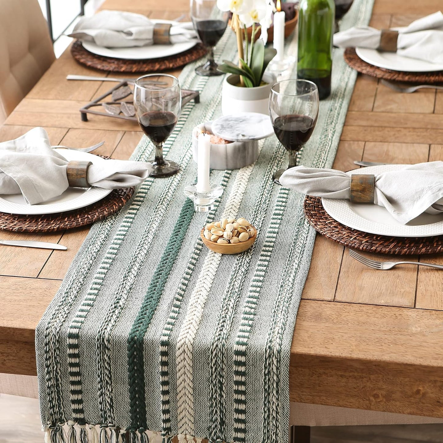 DII Farmhouse Braided Stripe Table Runner Collection, 15x72 (15x77, Fringe Included), Black