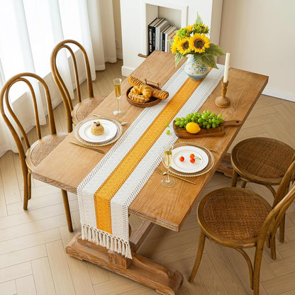 FEXIA Boho Table Runner for Thanksgiving Fall Christmas Home Decor with Tassels 72 Inches Long Pottery barn Furniture Farmhouse Rustic Macrame Burlap Table Decoration for Living Room (12x72 Inches)
