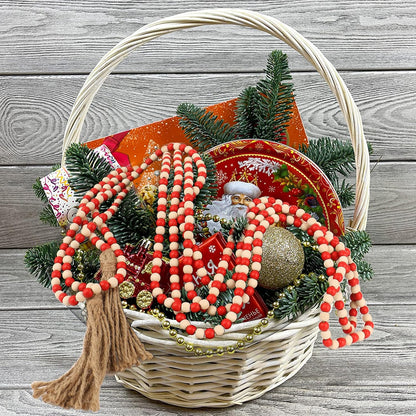 CVHOMEDECO. 16 Feet Wood Beads Garland with Tassels Farmhouse Rustic Wooden Decorative Bead String Wall Hanging Accent for Home Festival Decor. Orange