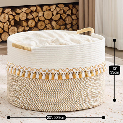 KAKAMAY Large Blanket Basket (20"x13"),Woven Baskets for storage Baby Laundry Hamper, Cotton Rope Blanket Basket for Living Room, Laundry, Nursery, Pillows, Baby Toy chest (White/Brown)