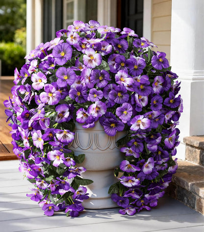 HyeFlora Artificial Flowers for Outdoors, 2pcs Faux Silk Pansies Flowers UV Resistant Fake Hanging Flower Plants for Outside Planters Porch Yard Patio Window Box (Mix Purple)