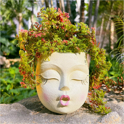 Handmade Face Flower Pots Standing Air Kiss Head Planter Pot for Trailing Plants Cute Succulent Planter Resin Planters Funny Face Planters with Anti-Friction Pads White 1Pack