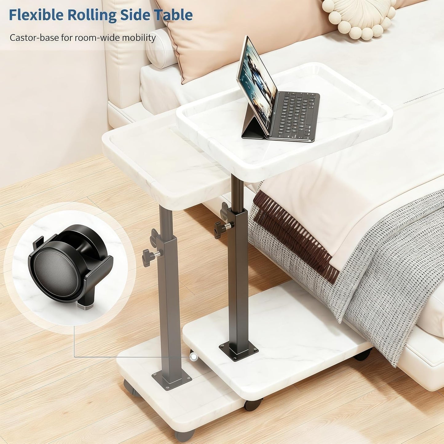 C Table End Table Adjustable Height, 360°Swivel TV Tray Table for Small Spaces, Side Tables with Wheels for Living Room and Bedroom, Bed (Walnut)
