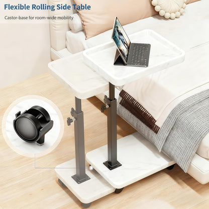 C Table End Table Adjustable Height, 360°Swivel TV Tray Table for Small Spaces, Side Tables with Wheels for Living Room and Bedroom, Bed (Walnut)