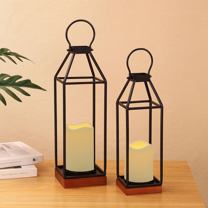Perfnique Modern Farmhouse Lantern Decor, 15'' 13'' Set of 2 Black Metal Lantern, 2 LED 6hr Timer Flameless Candles ＆ Remote Timer, Lanterns Decorative for Outdoor, Home, Indoor, Patio, Christmas