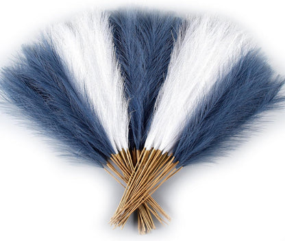 20Pcs Navy Blue Gradient and White Faux Pampas Grass Decor, 21.7"" Pompas Grass Flower Arrangement and Vase Filler for Boho Home Wedding Decoration, Black