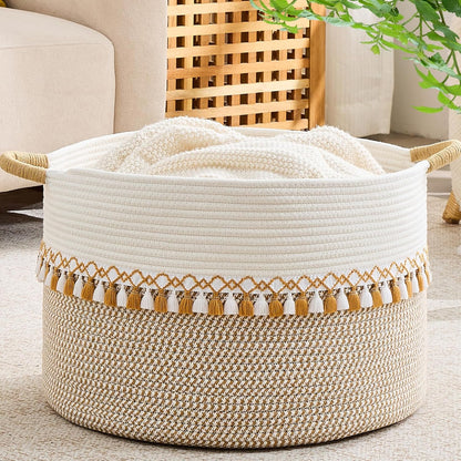 KAKAMAY Large Blanket Basket (20"x13"),Woven Baskets for storage Baby Laundry Hamper, Cotton Rope Blanket Basket for Living Room, Laundry, Nursery, Pillows, Baby Toy chest (White/Brown)