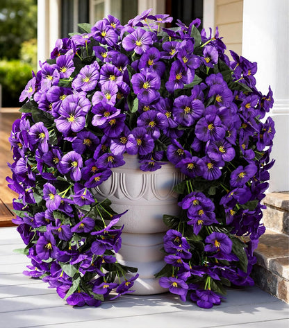 HyeFlora Artificial Flowers for Outdoors, 2pcs Faux Silk Pansies Flowers UV Resistant Fake Hanging Flower Plants for Outside Planters Porch Yard Patio Window Box (Mix Purple)
