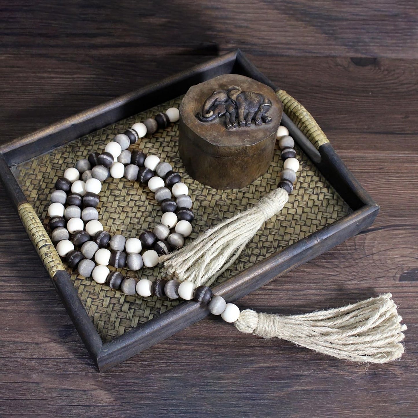 CVHOMEDECO. Wood Beads Garland with Tassels Farmhouse Rustic Wooden Prayer Bead String Wall Hanging Accent for Home Festival Decor. Mix Distressed