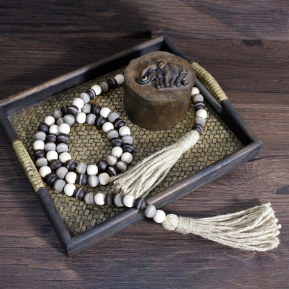CVHOMEDECO. Wood Beads Garland with Tassels Farmhouse Rustic Wooden Prayer Bead String Wall Hanging Accent for Home Festival Decor. Mix Distressed