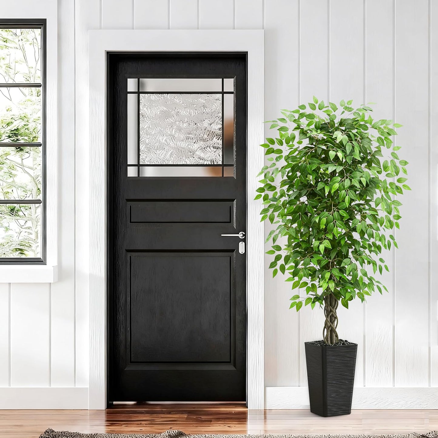 Artificial Ficus Tree 6FT Faux Plants Indoor Tall Fake Plants with White Planter, Green Lifelike Lush Fake Ficus Tree for Home Living Room Bedroom Outdoor Balcony House Office Decor