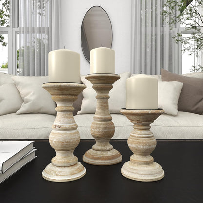 Deco 79 Mango Wood Decorative Candle Holder Distressed Turned Pillar Candle Stand, Set of 3 Candlestick Holder 6", 8", 10"H, Light Blue