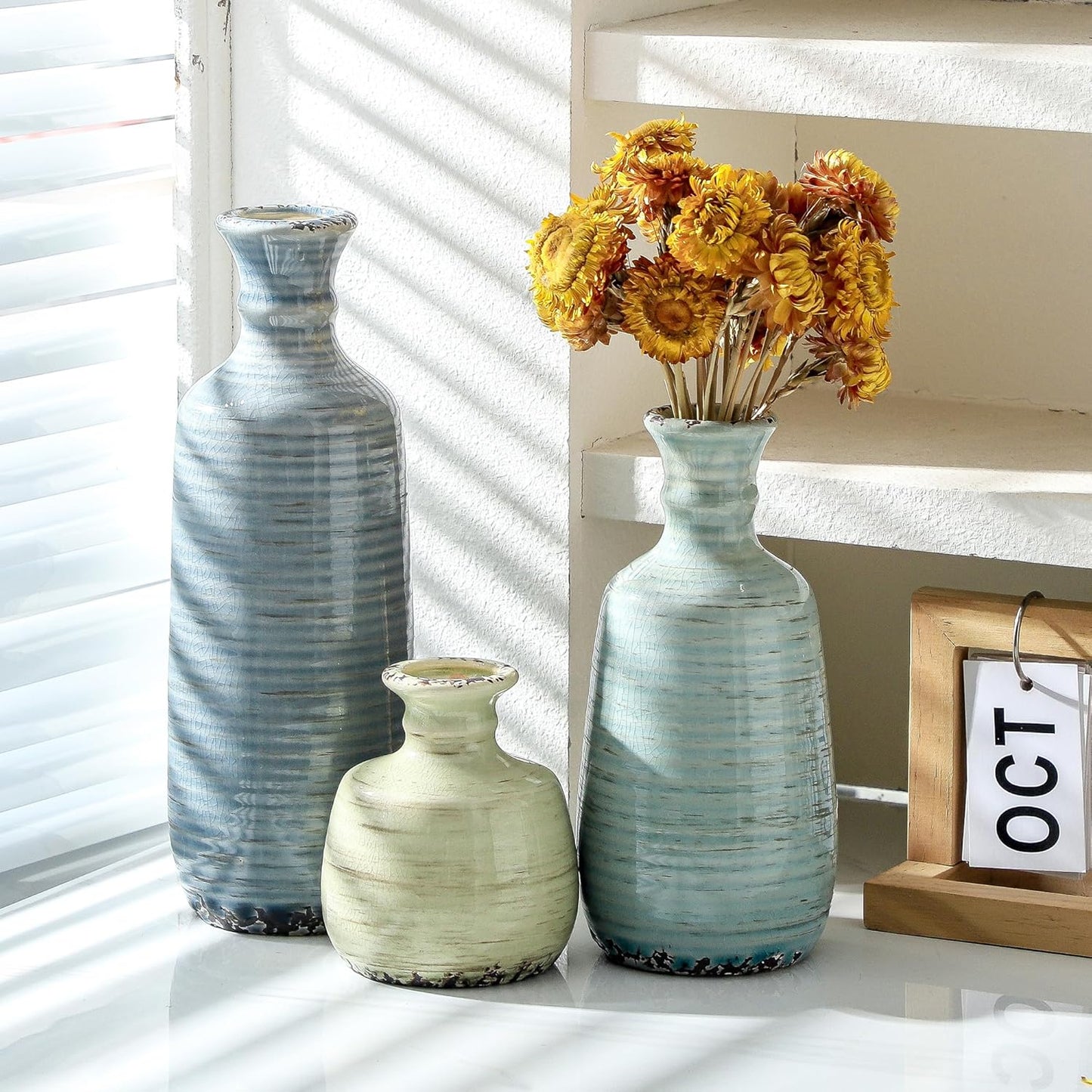 Ceramic Vase Set of 3 | Neutral Vase Home Decor with Handle | Pottery Modern Farmhouse Vases Pampas Grass Flower Vases for Home Decor Table Living Room Centerpieces Mantel Decor - Multicolor
