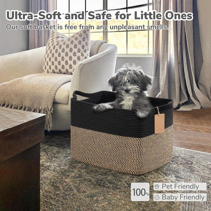 Goodpick Woven Storage Basket, Cotton Rope Basket for Dog Toys, Books, Stylish Gift Basket with Handles, 13 x 10 x 9 Inches Square Baskets for Organizing, Brown and White