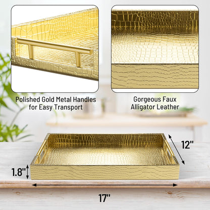 ATZYmolin 17" x 12" Wood Serving Tray with Gold Polished Metal Handles, Home Decorative Wooden Rectangle Ottoman Leather Decor Platter Bathroom Vanity Tray for All Occasions White