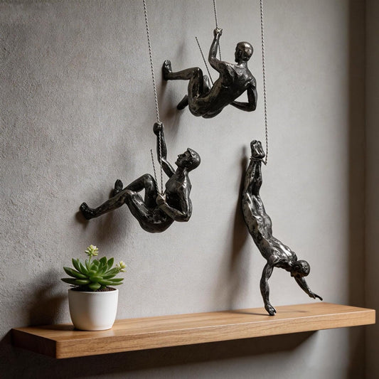 NestVogue Set of 3 Climbing Man Wall Sculpture - 3D Industrial Mountaineering Statue, Modern Abstract Rock Climber Wall Art, Easy-to-Hang Resin Figurine for Home Gym Office Decor, Vintage Bronze