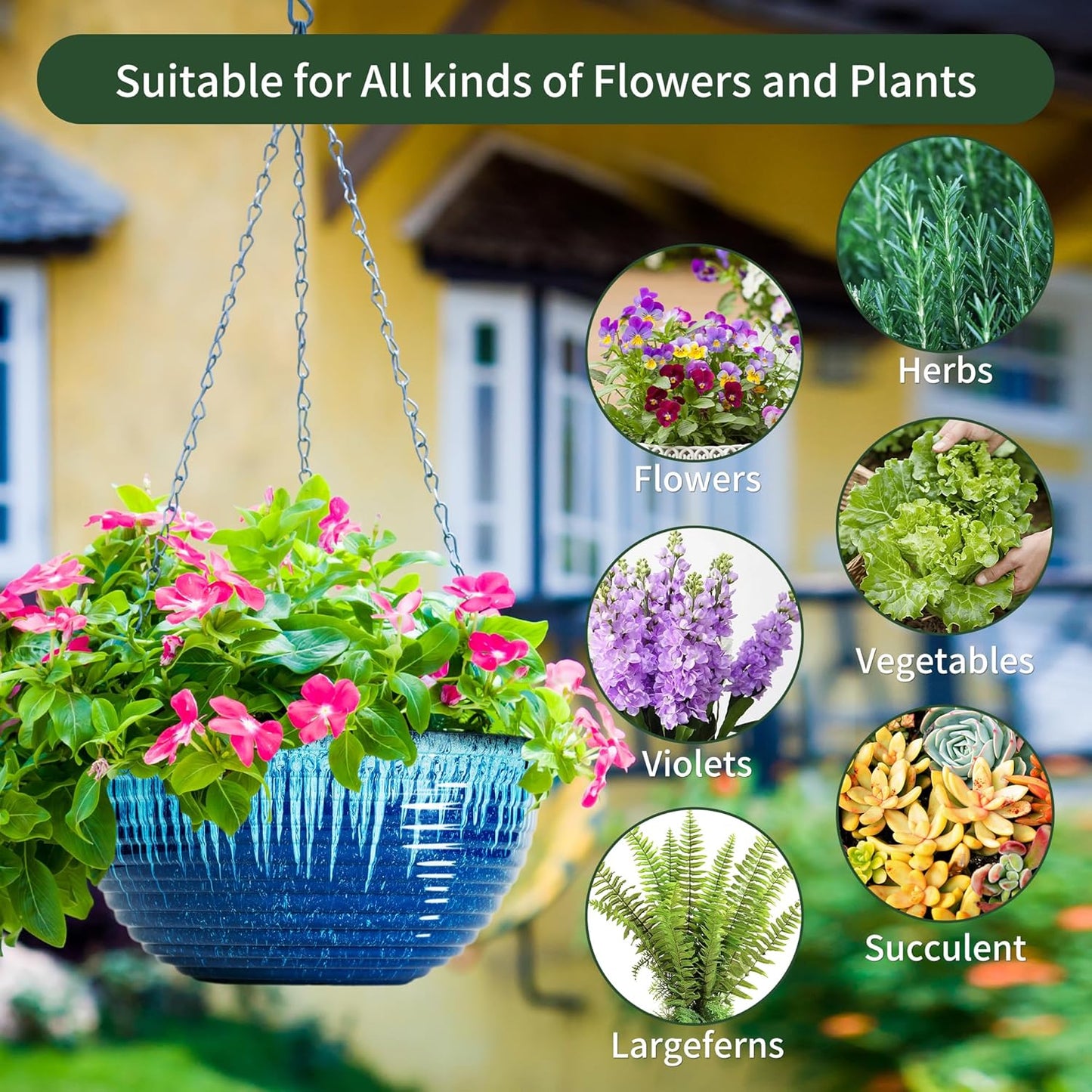 Vanslogreen 2 Pack Hanging Planters for Indoor Outdoor Plants, 10 Inch Hanging Planter with Drainage Hole & Plug Glazed Hanging Baskets Flower Pots for Garden Home (Blue)