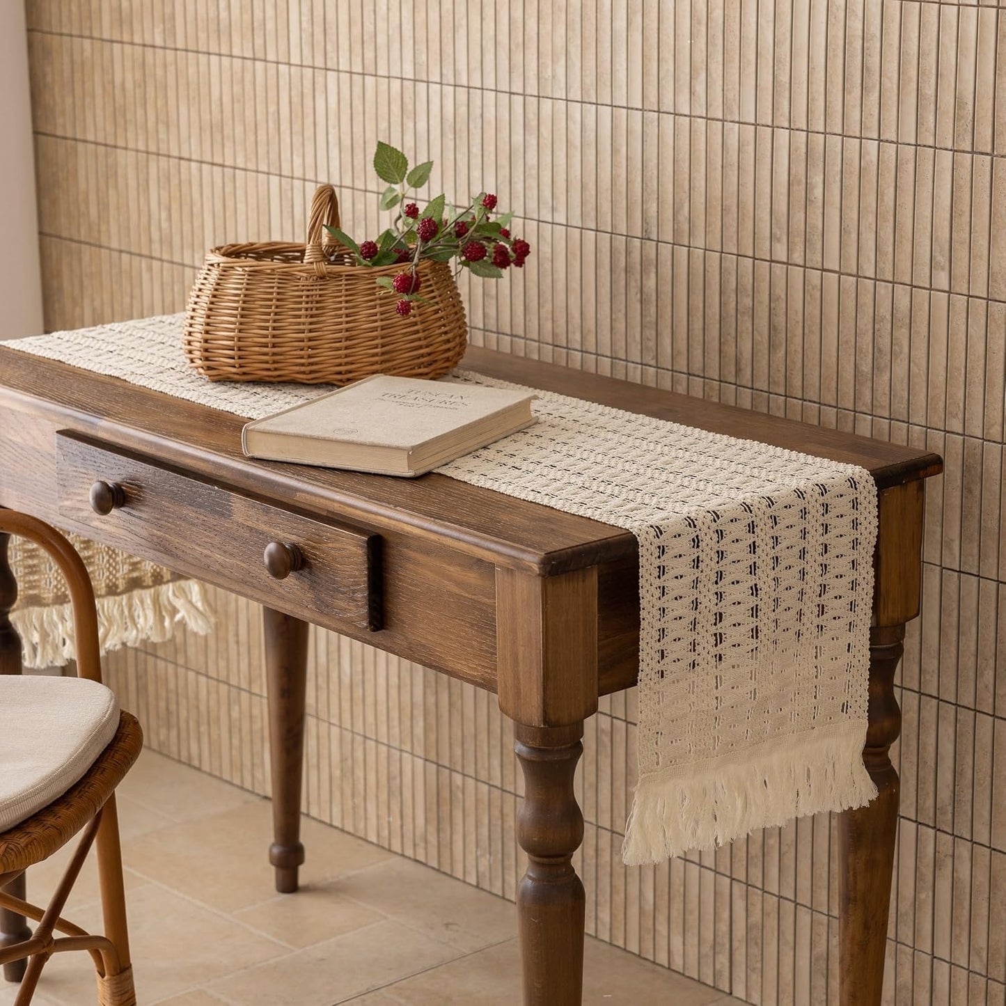 Keketoarrange Boho Sage Green Table Runner for Summer Home Decorations 12x72 Inches Farmhouse Small Macrame Woven Burlap Rustic Coffee Dresser Dining Kitchen Centerpiece Bohemian Decor