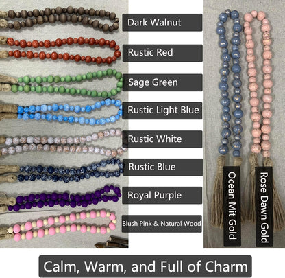 Handcrafted Farmhouse Wooden Decorative Beads Garland, Table Tray Boho Wood Beads with Tassel, Small Rustic Antique Decor for Home and Events (32" Rustic Blue)