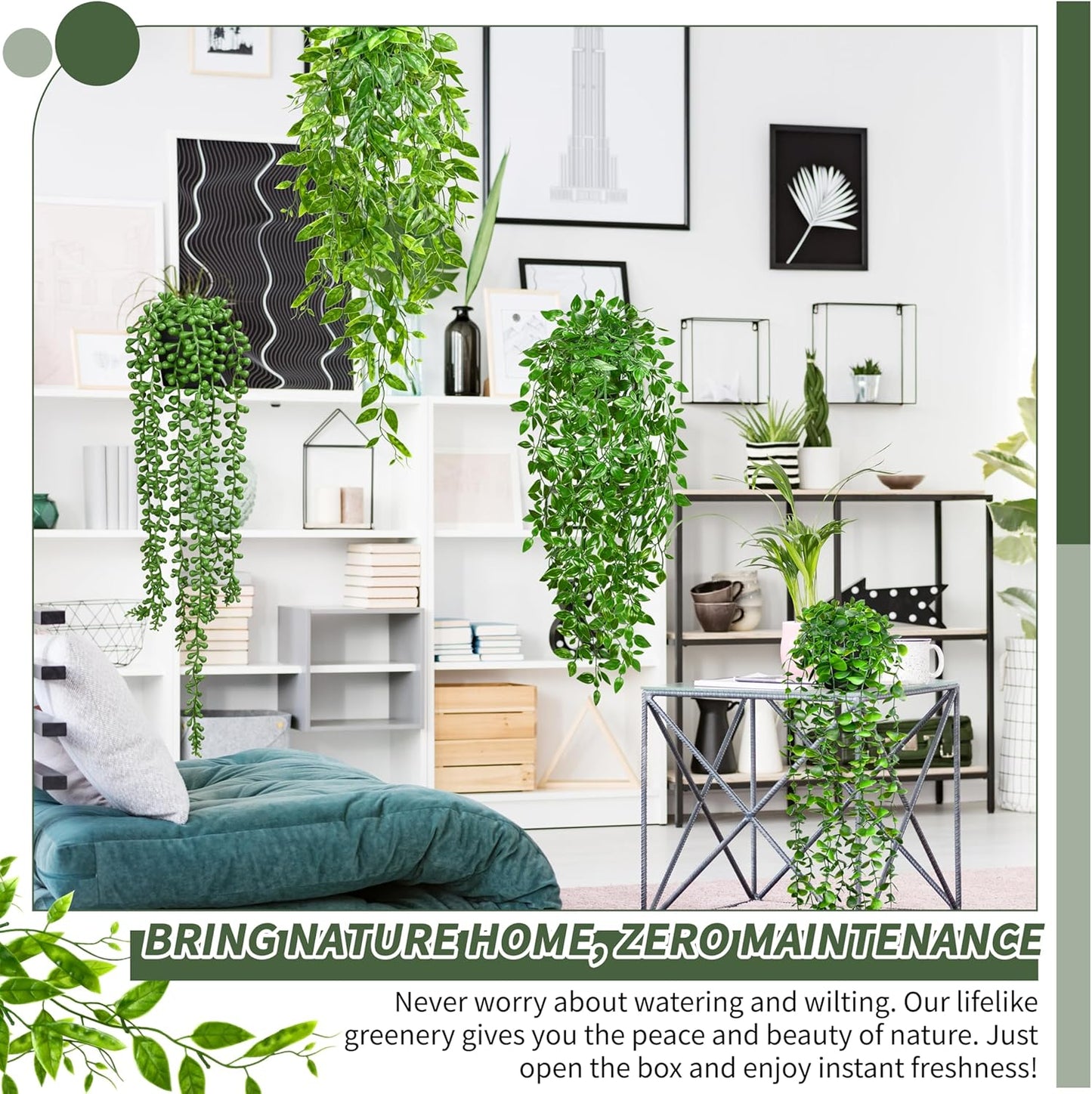 Palonu Artificial Hanging Plants for Shelf, 4 Pack Fake Potted Greenery Plant Faux Mandala Vine, String of Pearls, Ivy Vine,Persian Grass Fern in Pot for Desk Home Bathroom Farmhouse Room Table Decor