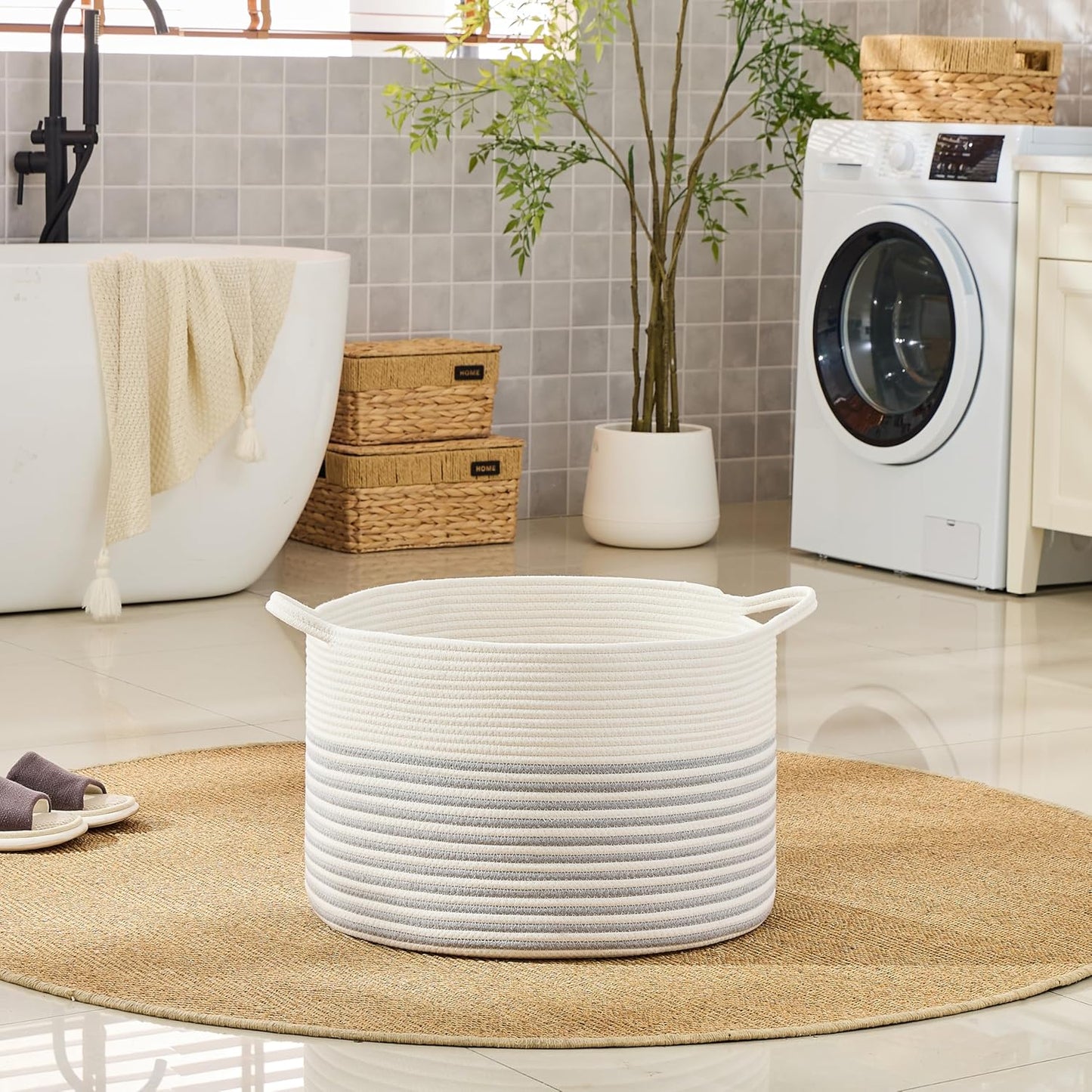KAKAMAY Large Blanket Basket (20"x13"),Woven Baskets for storage Baby Laundry Hamper, Cotton Rope Blanket Basket for Living Room, Laundry, Nursery, Pillows, Baby Toy chest (White/Brown)