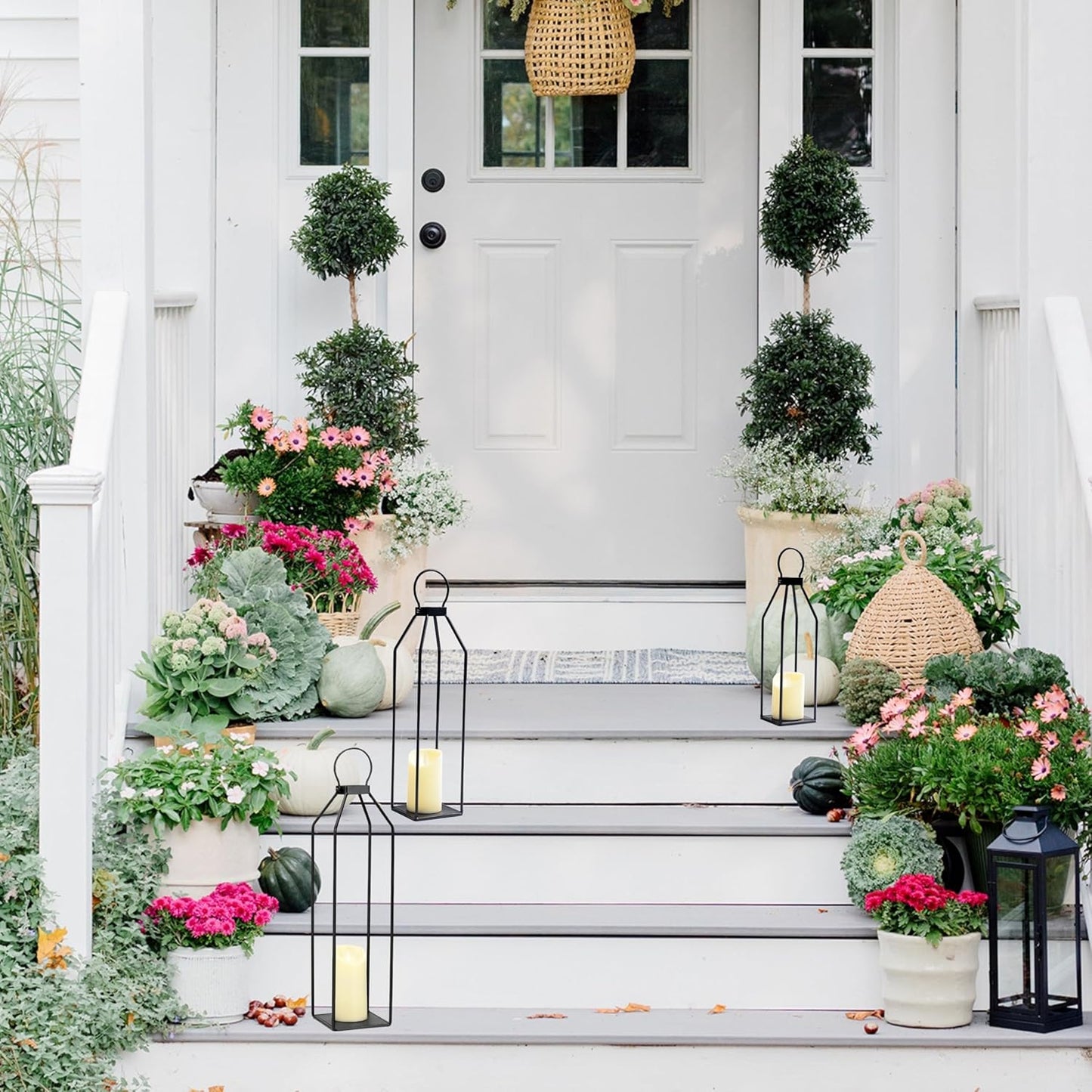 Perfnique Modern Farmhouse Lantern Decor, 15'' 13'' Set of 2 Black Metal Lantern, 2 LED 6hr Timer Flameless Candles ＆ Remote Timer, Lanterns Decorative for Outdoor, Home, Indoor, Patio, Christmas