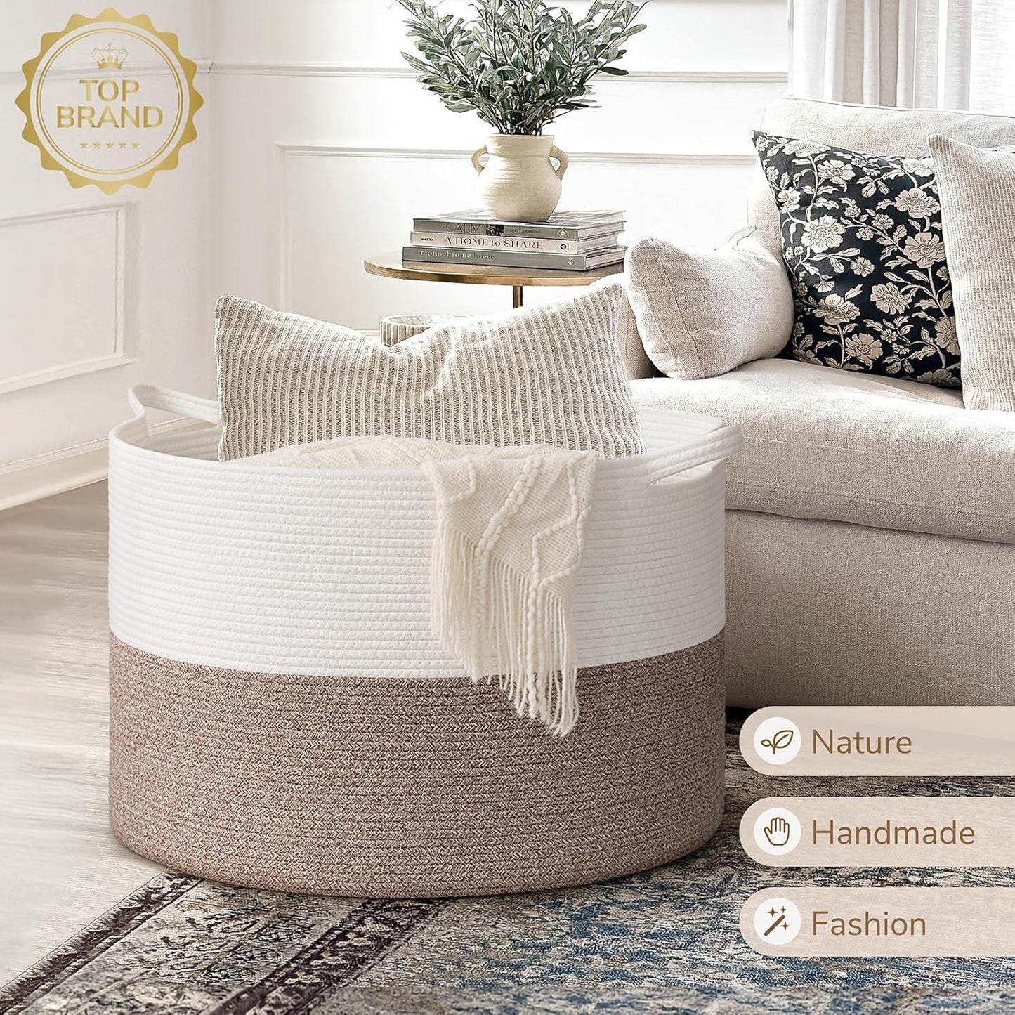 INDRESSME XXXLarge Blanket Basket for Living Room 21.7" x 21.7" x 13.8"-Storage Basket with Handle for Organizing Toy Pillows Woven Cotton Rope Laundry Basket Stuffed Animal Toy Storage for Play Room
