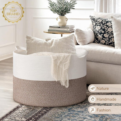 INDRESSME XXXLarge Blanket Basket for Living Room 21.7" x 21.7" x 13.8"-Storage Basket with Handle for Organizing Toy Pillows Woven Cotton Rope Laundry Basket Stuffed Animal Toy Storage for Play Room